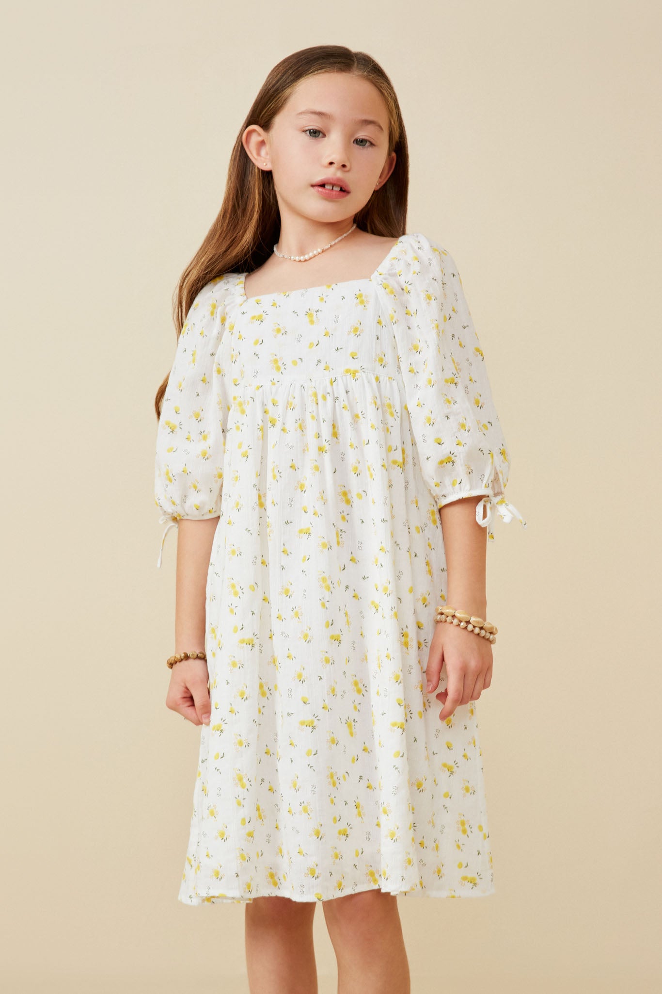 Textured Ditsy Floral Square Neck Tie Sleeve Dress