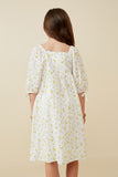 GY6604 YELLOW Girls Textured Ditsy Floral Square Neck Tie Sleeve Dress Back