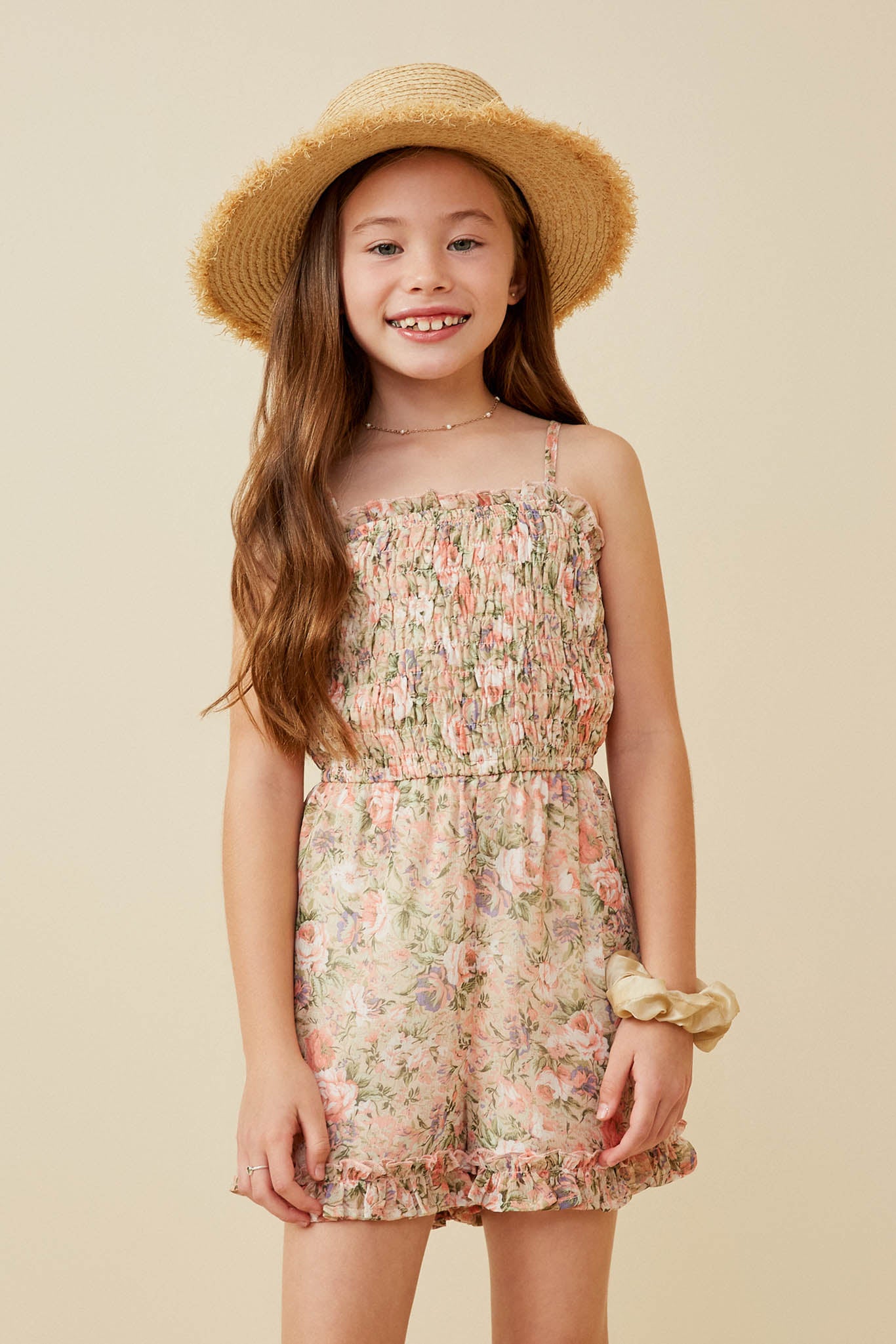 GY6605 Pink Girls Chiffon Floral Smocked Sleeveless Romper Front