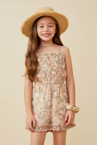 GY6605 Pink Girls Chiffon Floral Smocked Sleeveless Romper Front