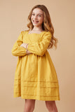 GY6606 Mustard Girls Square Neck Textured Stripe Pleat Detail Dress Front