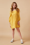GY6606 Mustard Girls Square Neck Textured Stripe Pleat Detail Dress Full Body