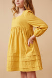 GY6606 Mustard Girls Square Neck Textured Stripe Pleat Detail Dress Side