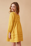 GY6606 Mustard Girls Square Neck Textured Stripe Pleat Detail Dress Back