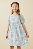 GY6626 Blue Girls Textured Floral Strappy Back Dress Front