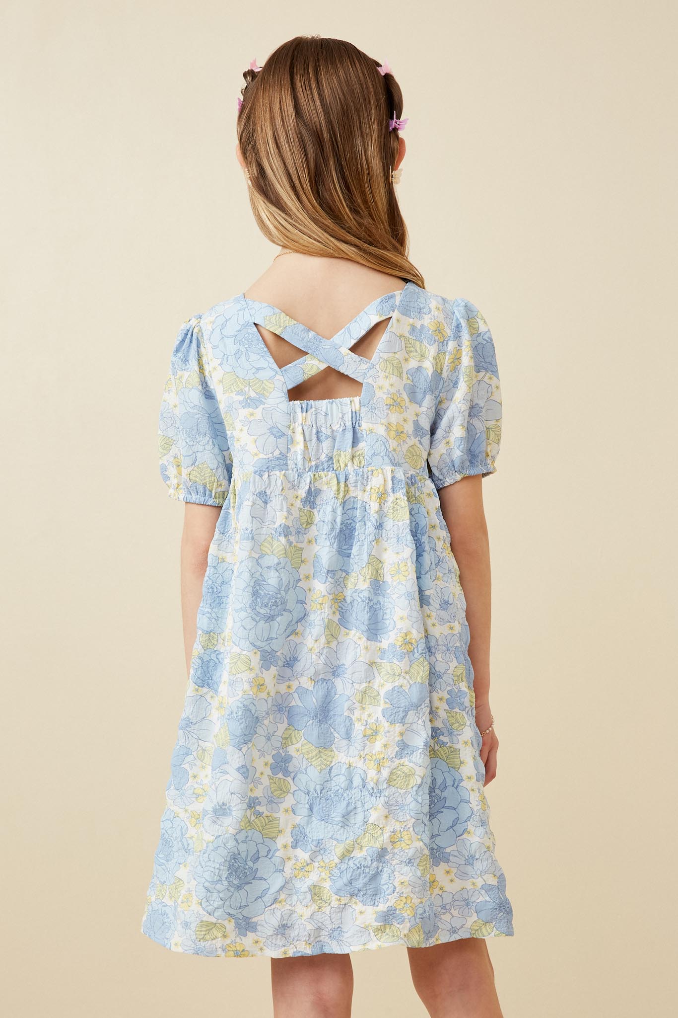 GY6626 Blue Girls Textured Floral Strappy Back Dress Back