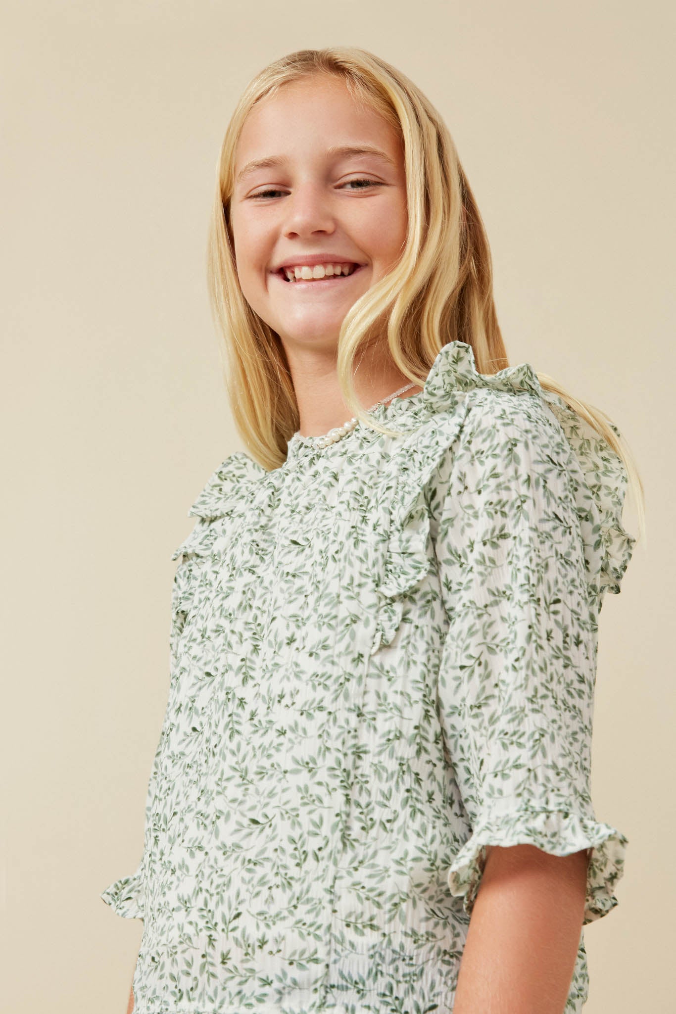 GY6645 Green Girls Botanical Print Ruffle Detail Top Side