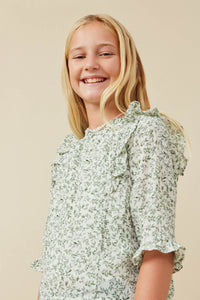 GY6645 Green Girls Botanical Print Ruffle Detail Top Side
