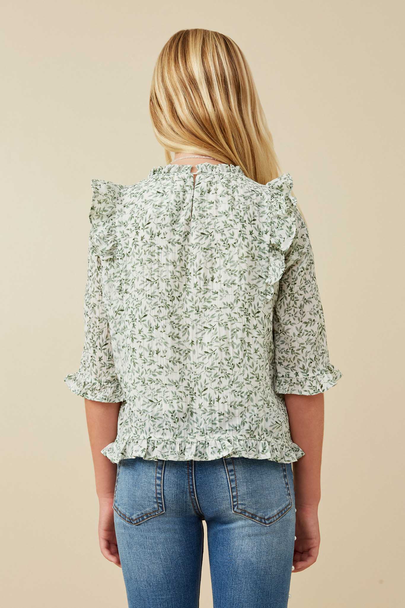 GY6645 Green Girls Botanical Print Ruffle Detail Top Back
