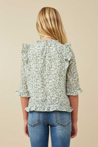GY6645 Green Girls Botanical Print Ruffle Detail Top Back