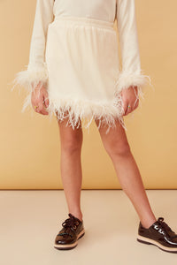 GY6647 IVORY Girls Feather Trimmed Elastic Waist Ribbed Knit Skirt Front