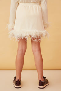 GY6647 IVORY Girls Feather Trimmed Elastic Waist Ribbed Knit Skirt Back