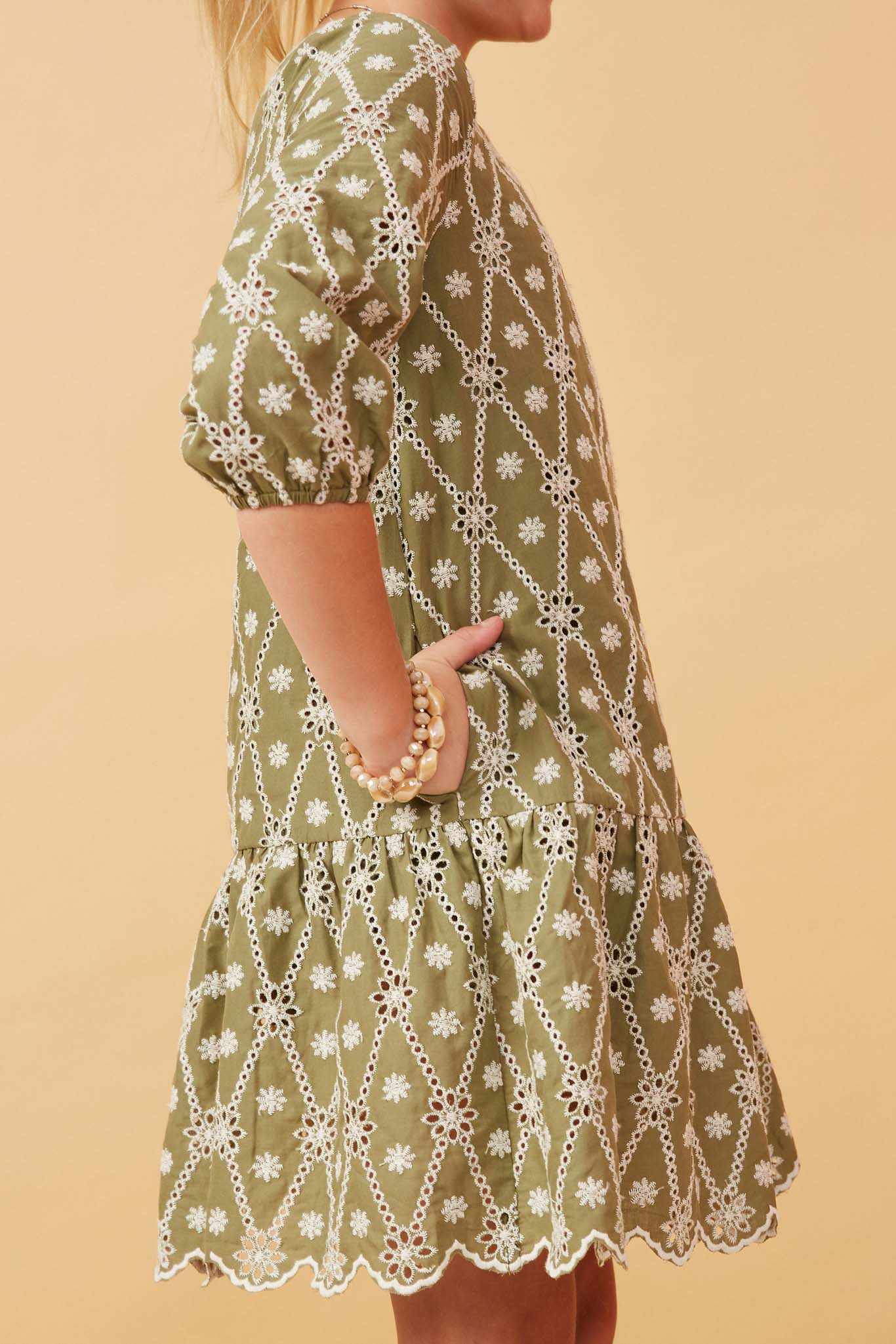 Girls Eyelet And Crochet Patterned Scallop Dress Side