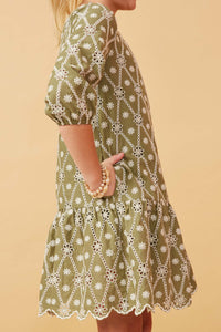 Girls Eyelet And Crochet Patterned Scallop Dress Side