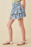 GY6660 BLUE Girls Floral Tiered Skirt With Smocked Panel Waist Side