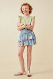 GY6660 BLUE Girls Floral Tiered Skirt With Smocked Panel Waist Full Body