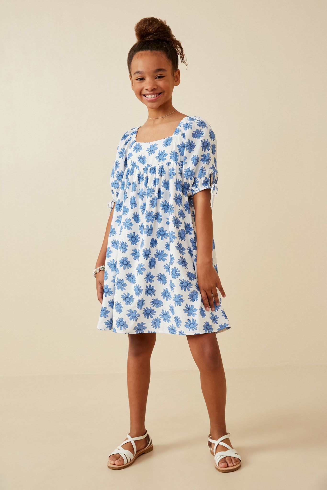 Tie Sleeve Floral Print Square Neck Dress