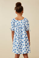 GY6665 Off White Girls Tie Sleeve Floral Print Square Neck Dress Back