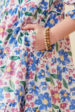GY6666 Blue Girls Vivid Floral Cinch Sleeve Dress Detail