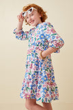 GY6666 Blue Girls Vivid Floral Cinch Sleeve Dress Side