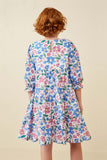 GY6666 Blue Girls Vivid Floral Cinch Sleeve Dress Back