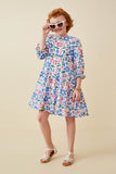 GY6666 Blue Girls Vivid Floral Cinch Sleeve Dress Full Body