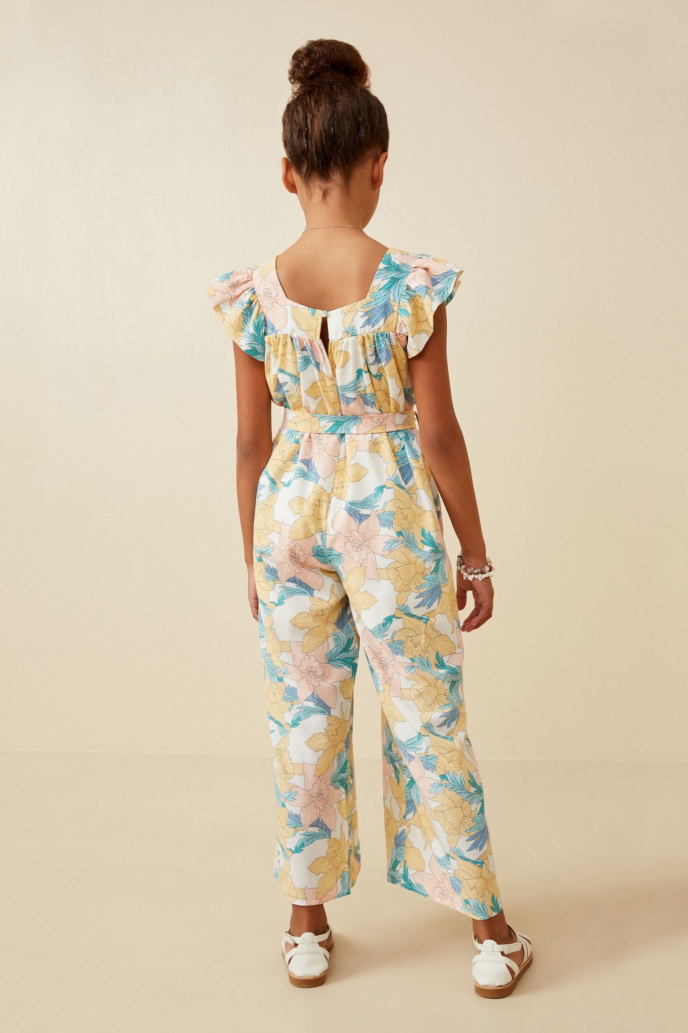 GY6668 Off White Girls Romantic Floral Ruffle Detail Wideleg Jumpsuit Back