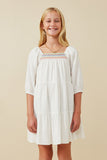 GY6674 Off White Girls Smock Detail Square Neck Tiered Dress Front