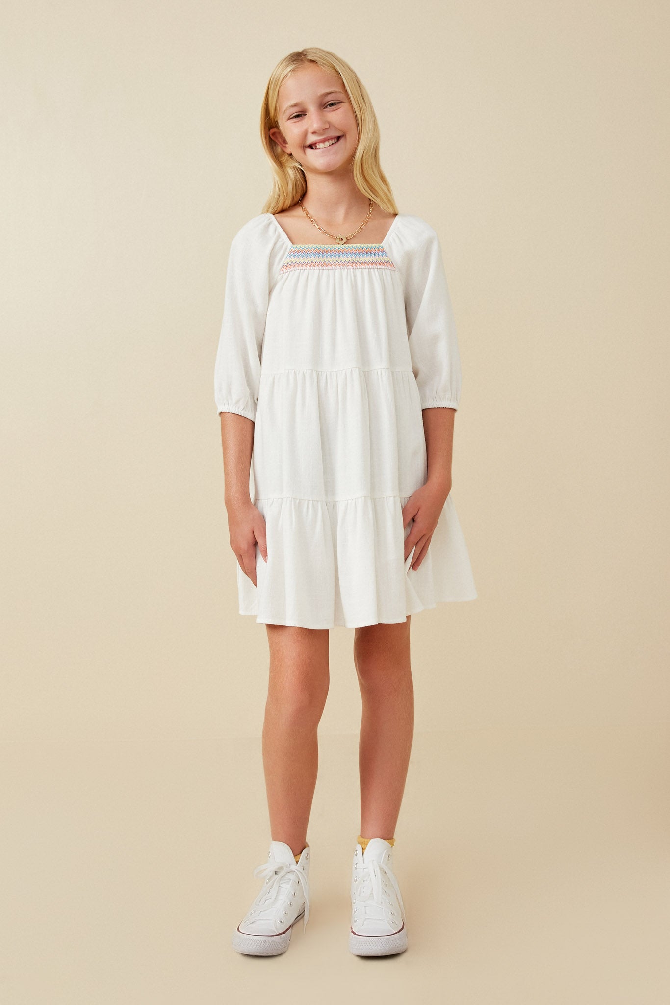 Smock Detail Square Neck Tiered Dress