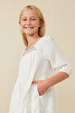 GY6674 Off White Girls Smock Detail Square Neck Tiered Dress Side