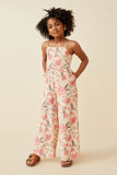 GY6680 BLUSH Girls Romantic Floral Smocked Wide leg Jumpsuit Full Body