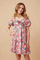 GY6684 PINK Girls Spring Floral Puff Sleeve Bow Front Dress Front