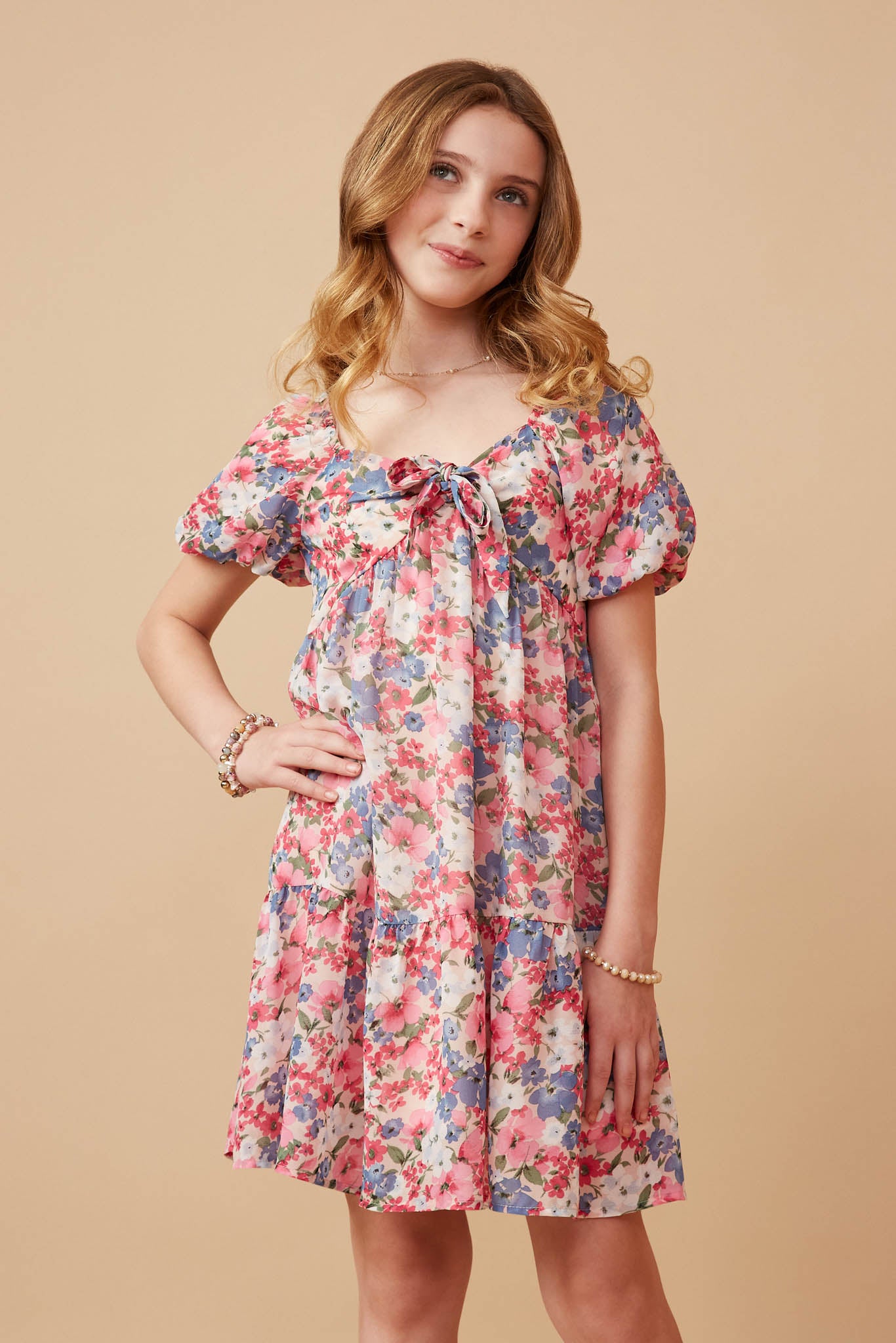 Spring Floral Puff Sleeve Bow Front Dress