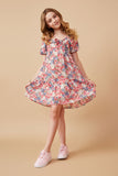 GY6684 PINK Girls Spring Floral Puff Sleeve Bow Front Dress Full Body