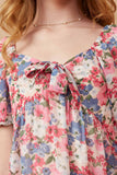 GY6684 PINK Girls Spring Floral Puff Sleeve Bow Front Dress Detail