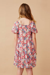 GY6684 PINK Girls Spring Floral Puff Sleeve Bow Front Dress Back
