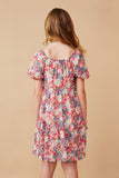 GY6684 PINK Girls Spring Floral Puff Sleeve Bow Front Dress Back