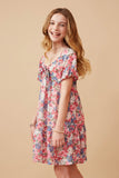 GY6684 PINK Girls Spring Floral Puff Sleeve Bow Front Dress Side
