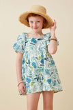 GY6686 Teal Girls Botanical Print Square Neck Romper Front