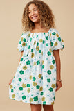 GY6687 Blue Mix Girls Abstract Floral Square Neck Puff Sleeve Dress Front