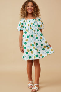 GY6687 Blue Mix Girls Abstract Floral Square Neck Puff Sleeve Dress Full Body