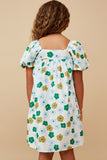 GY6687 Blue Mix Girls Abstract Floral Square Neck Puff Sleeve Dress Back