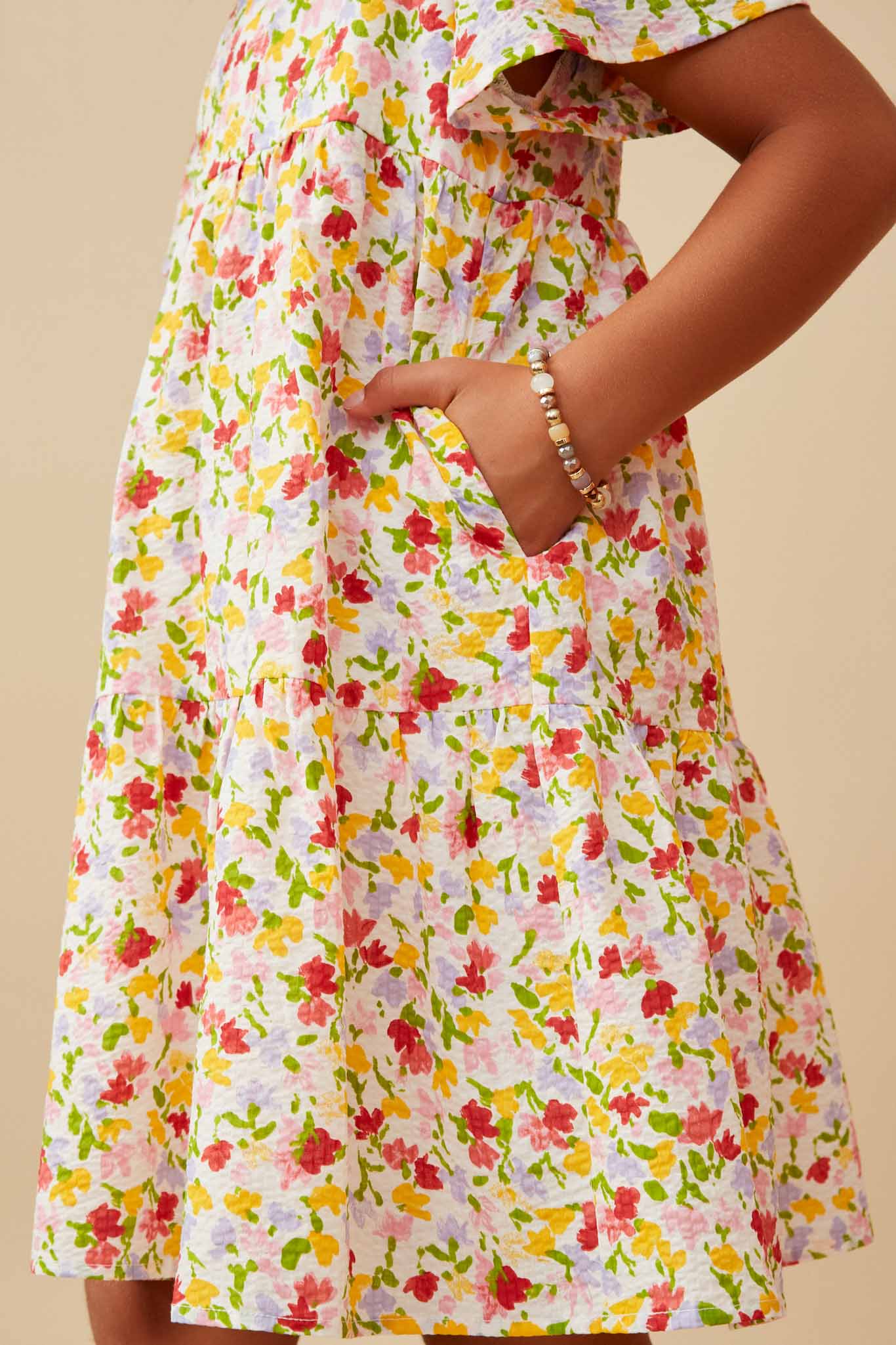 GY6688 OFF WHITE Girls Ditsy Floral V Neck Flutter Sleeve Dress Detail