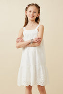 GY6689 Off White Girls Scalloped Eyelet Hem Tank Dress Front