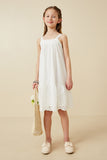 GY6689 Off White Girls Scalloped Eyelet Hem Tank Dress Full Body