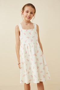 GY6693 Cream Girls Textured Floral Square Neck Tank Dress Front