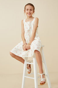 GY6693 Cream Girls Textured Floral Square Neck Tank Dress Pose
