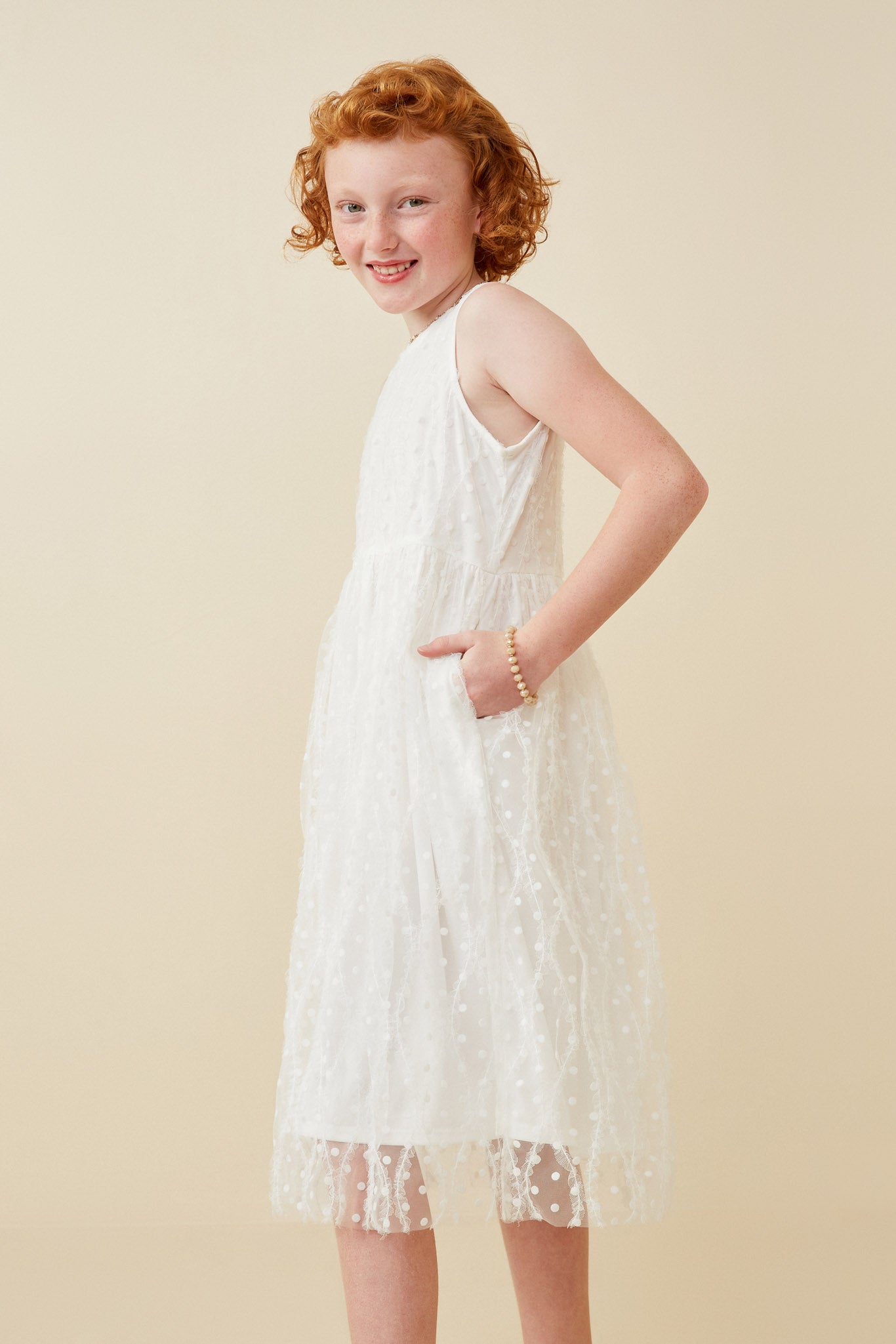 GY6695 Off White Girls Flocked Polka Dot Mesh Tank Dress Side