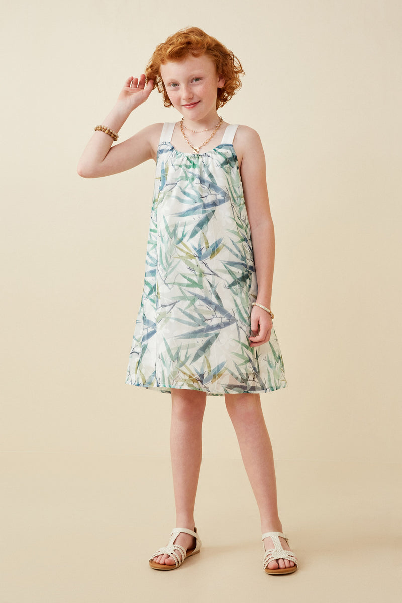 GY6696 Green Girls Layered Botanical Print Tank Dress Full Body