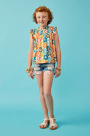 GY6700 Pink Mix Girls Floral Smocked Ruffle Detail Tank Full Body